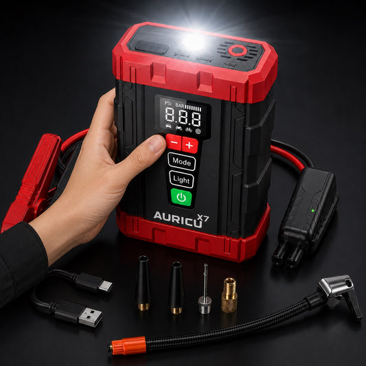 AURICU X7 1750A Jump Starter with 150 PSI Air Compressor Tire Inflator - 7.0L Gasoline and 4.5L Diesel Engines
