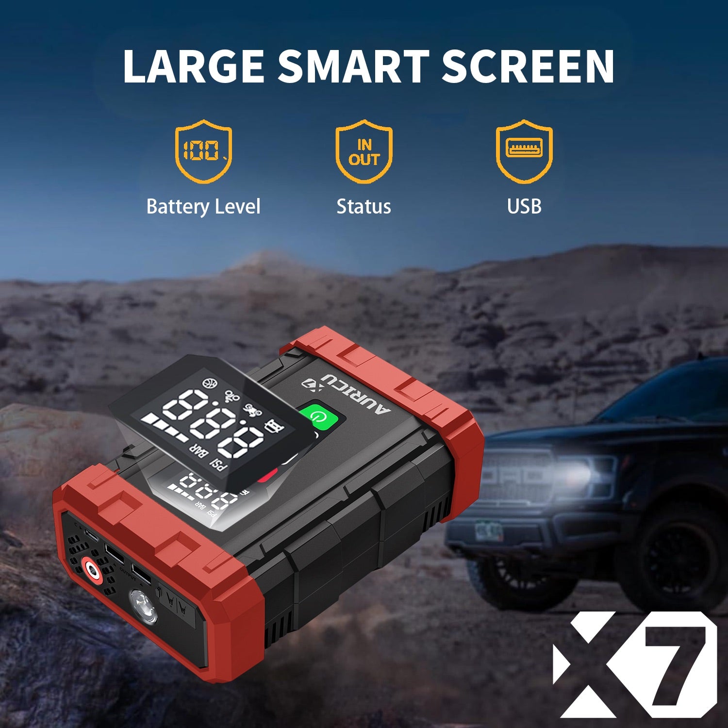 AURICU X7 1750A Jump Starter with 150 PSI Air Compressor Tire Inflator - 7.0L Gasoline and 4.5L Diesel Engines