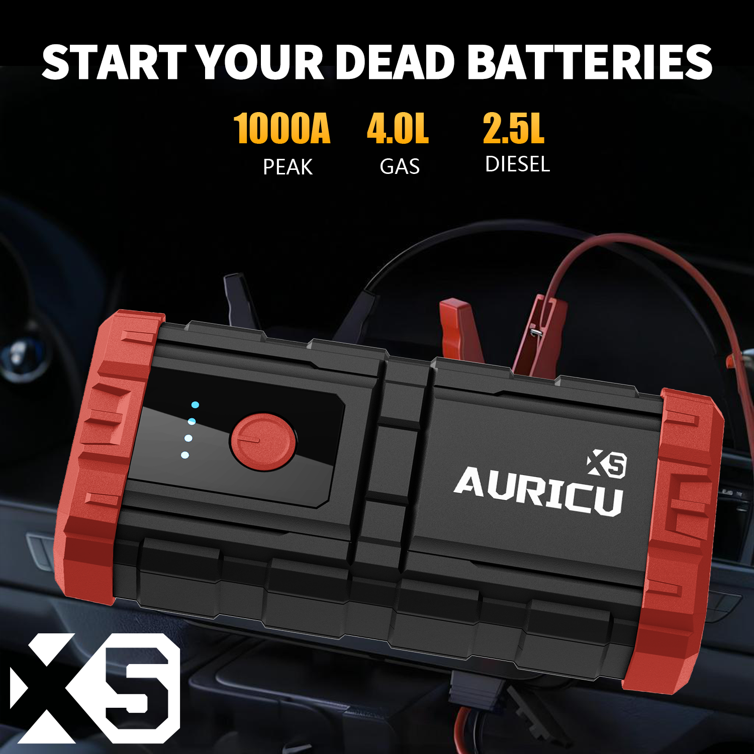 Auricu X5 1000A UltraSafe Car Battery Jump Starter, 12V Jump Starter Battery Pack, Battery Booster, Jump Box, Portable Charger and Jumper Cables for 4.0L Gasoline and 2.5L Diesel Engines