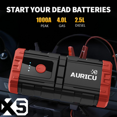 Auricu X5 1000A UltraSafe Car Battery Jump Starter, 12V Jump Starter Battery Pack, Battery Booster, Jump Box, Portable Charger and Jumper Cables for 6.0L Gasoline and 3.0L Diesel Engines