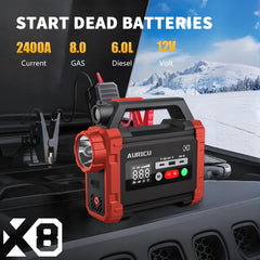 AURICU X8 2400A Jump Starter with 150 PSI Air Compressor Tire Inflator - 8.0L Gasoline and 6.0L Diesel Engines