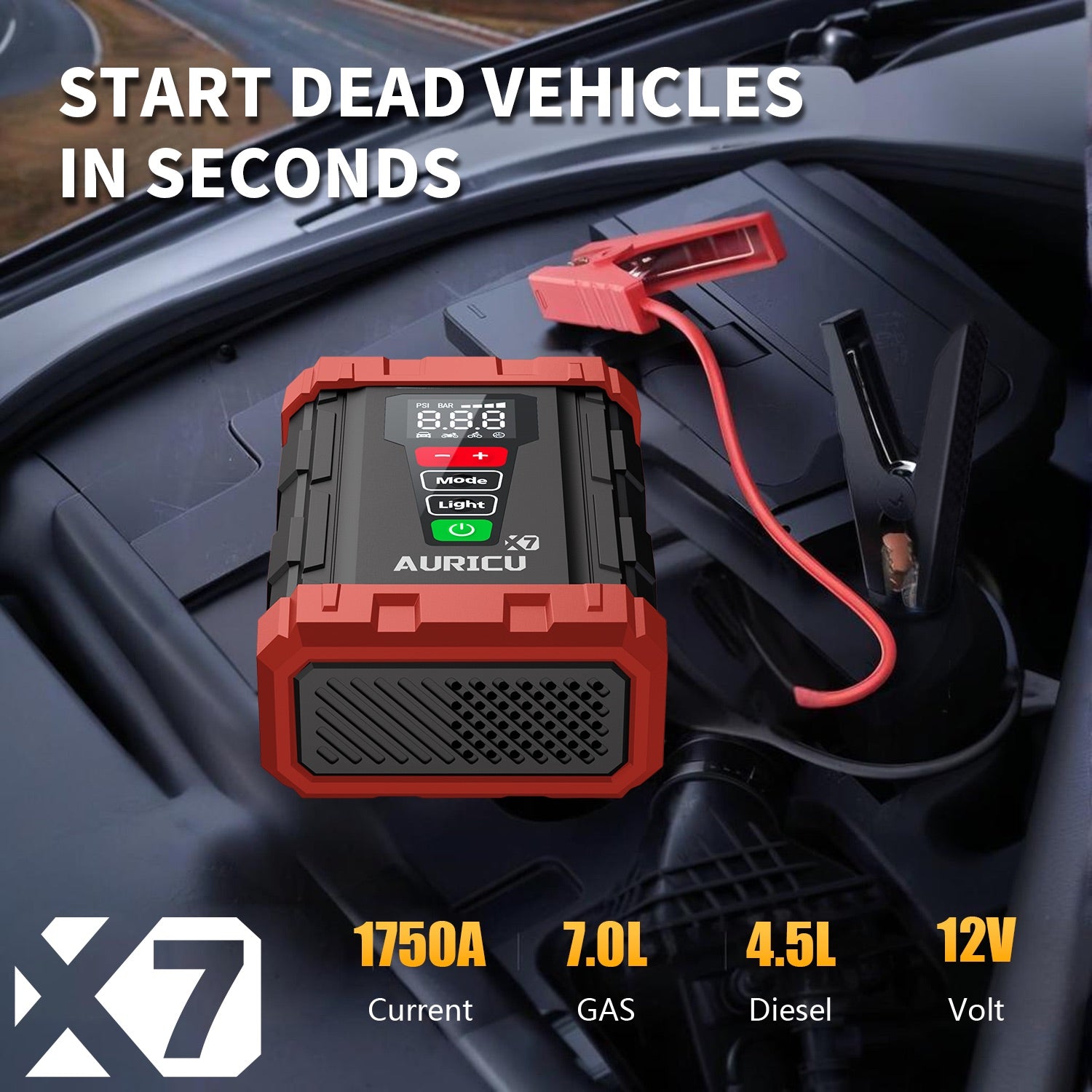 AURICU X7 1750A Jump Starter with 150 PSI Air Compressor Tire Inflator - 7.0L Gasoline and 4.5L Diesel Engines