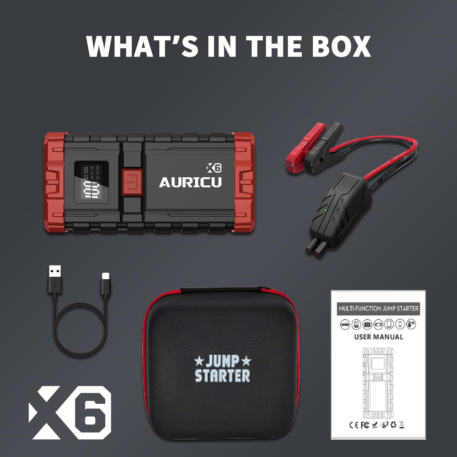 AURICU X6 1600A UltraSafe Car Battery Jump Starter, 12V Battery Booster Pack, Jump Box, Portable Charger and Jumper Cables for 6.0L Gasoline and 3.5L Diesel Engines