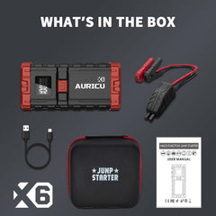 AURICU X6 1600A UltraSafe Car Battery Jump Starter, 12V Battery Booster Pack, Jump Box, Portable Charger and Jumper Cables for 6.0L Gasoline and 3.5L Diesel Engines