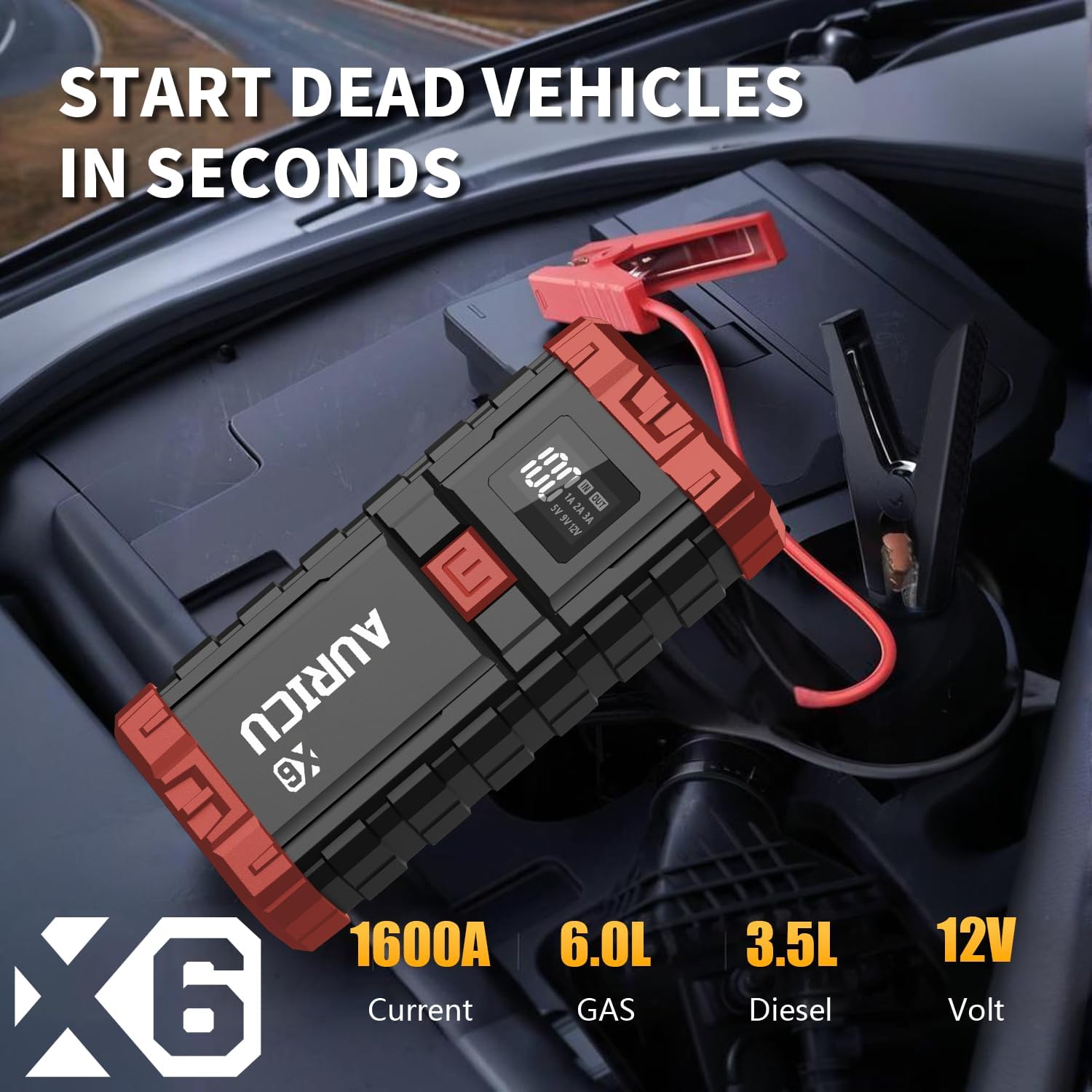 AURICU X6 1600A UltraSafe Car Battery Jump Starter, 12V Battery Booster Pack, Jump Box, Portable Charger and Jumper Cables for 6.0L Gasoline and 3.5L Diesel Engines