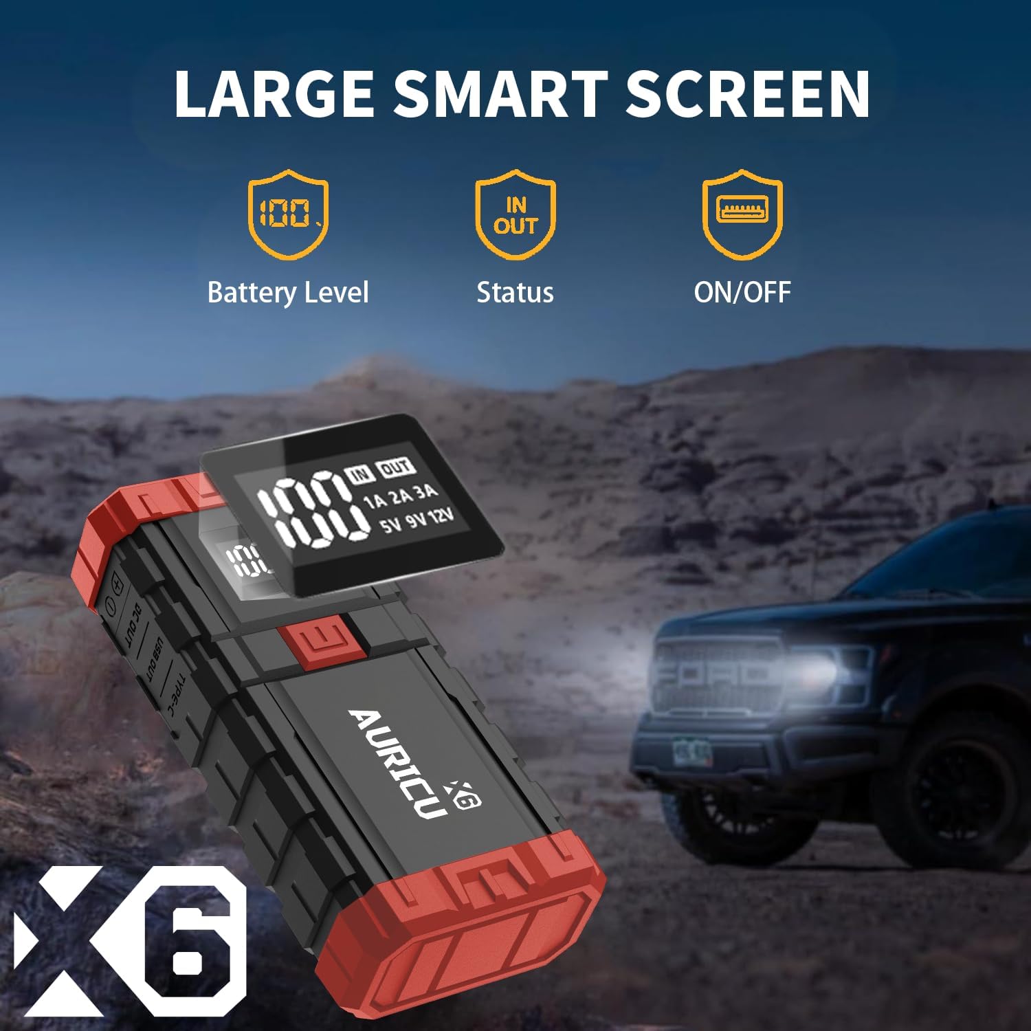 AURICU X6 1600A UltraSafe Car Battery Jump Starter, 12V Battery Booster Pack, Jump Box, Portable Charger and Jumper Cables for 6.0L Gasoline and 3.5L Diesel Engines
