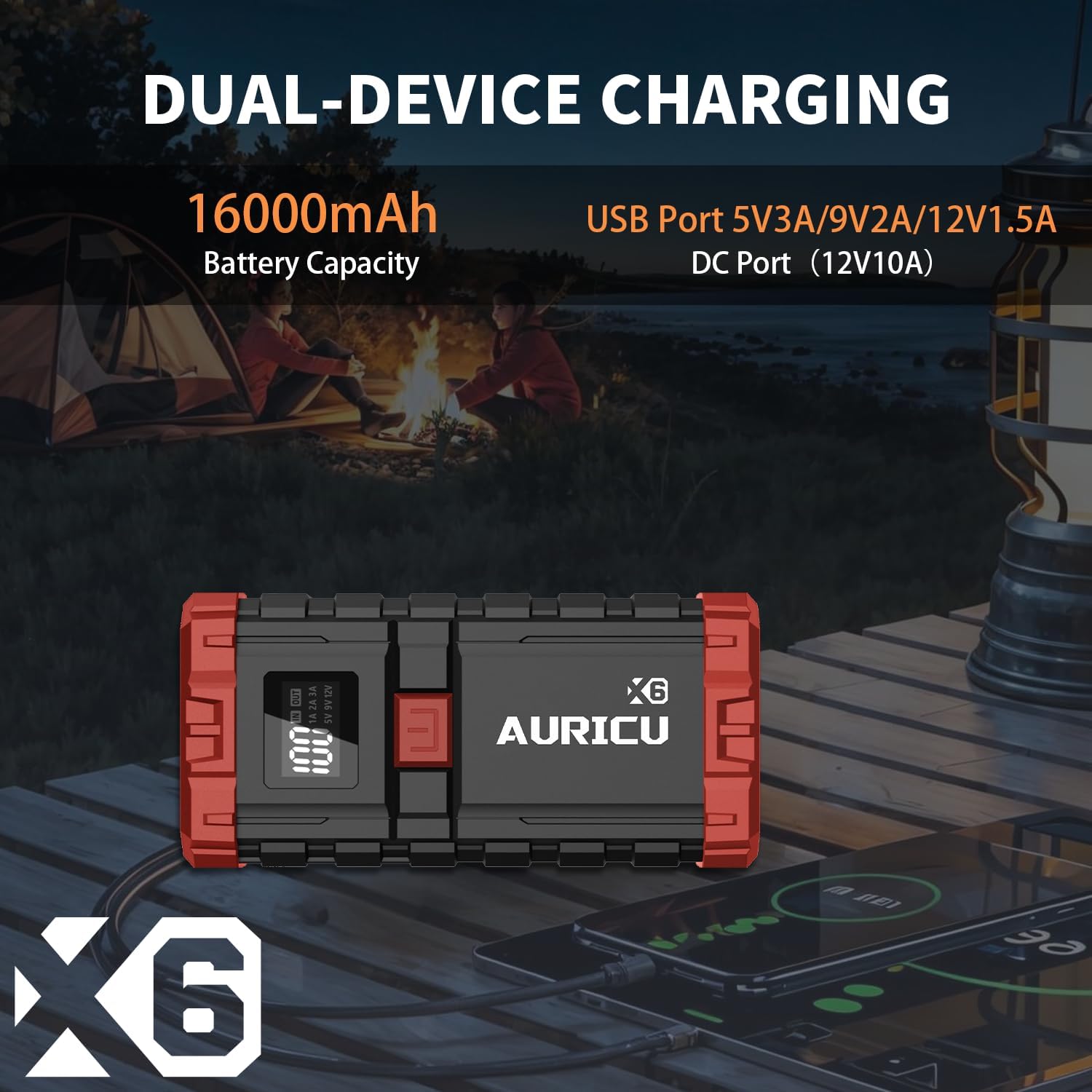 AURICU X6 1600A UltraSafe Car Battery Jump Starter, 12V Battery Booster Pack, Jump Box, Portable Charger and Jumper Cables for 6.0L Gasoline and 3.5L Diesel Engines