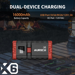 AURICU X6 1600A UltraSafe Car Battery Jump Starter, 12V Battery Booster Pack, Jump Box, Portable Charger and Jumper Cables for 6.0L Gasoline and 3.5L Diesel Engines