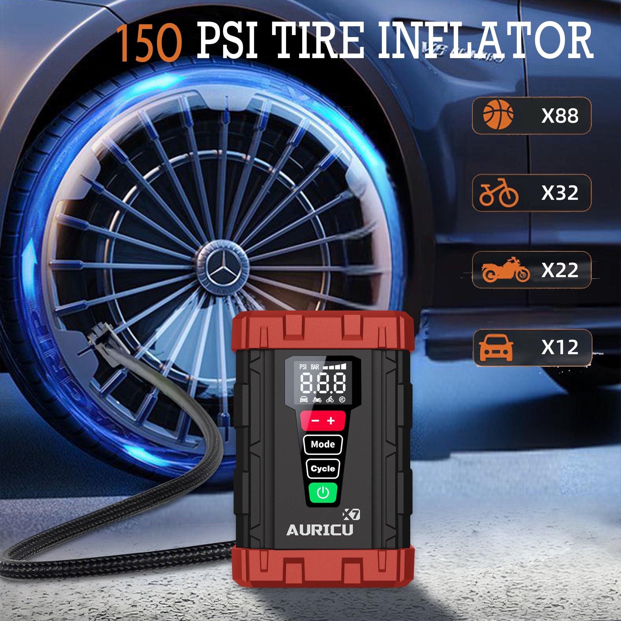 AURICU X7 1750A Jump Starter with 150 PSI Air Compressor Tire Inflator - 7.0L Gasoline and 4.5L Diesel Engines