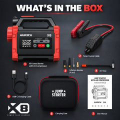 AURICU X8 2400A Jump Starter with 150 PSI Air Compressor Tire Inflator - 8.0L Gasoline and 6.0L Diesel Engines