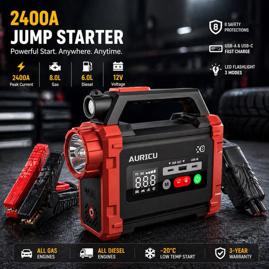 AURICU X8 2400A Jump Starter with 150 PSI Air Compressor Tire Inflator - 8.0L Gasoline and 6.0L Diesel Engines