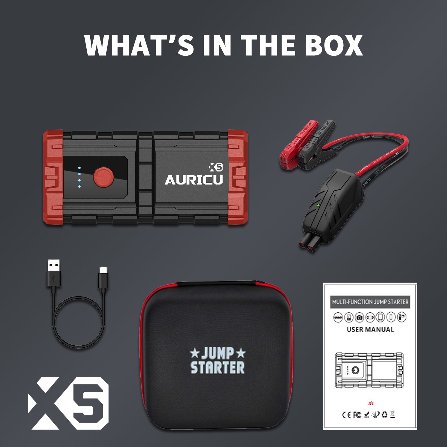 Auricu X5 1000A UltraSafe Car Battery Jump Starter, 12V Jump Starter Battery Pack, Battery Booster, Jump Box, Portable Charger and Jumper Cables for 4.0L Gasoline and 2.5L Diesel Engines
