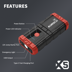 Auricu X5 1000A UltraSafe Car Battery Jump Starter, 12V Jump Starter Battery Pack, Battery Booster, Jump Box, Portable Charger and Jumper Cables for 4.0L Gasoline and 2.5L Diesel Engines