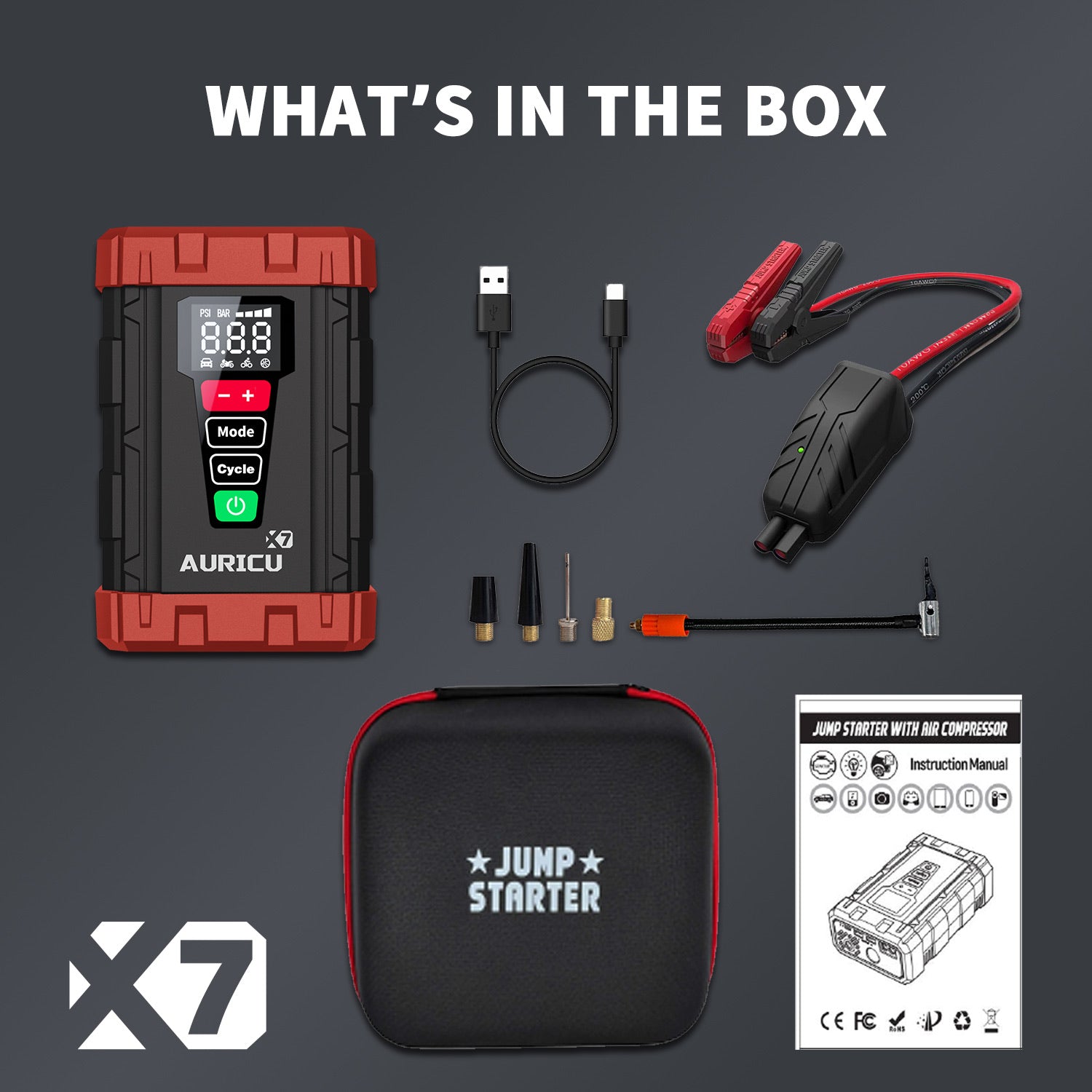AURICU X7 1750A Jump Starter with 150 PSI Air Compressor Tire Inflator - 7.0L Gasoline and 4.5L Diesel Engines