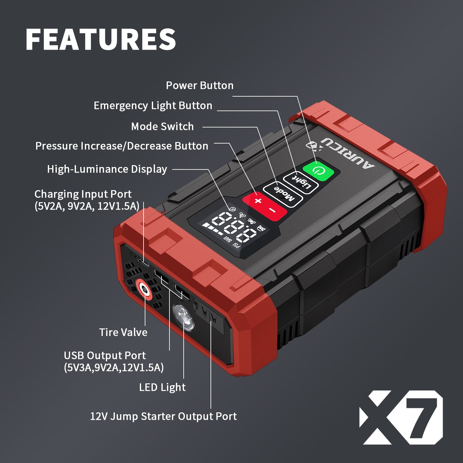 AURICU X7 1750A Jump Starter with 150 PSI Air Compressor Tire Inflator - 7.0L Gasoline and 4.5L Diesel Engines