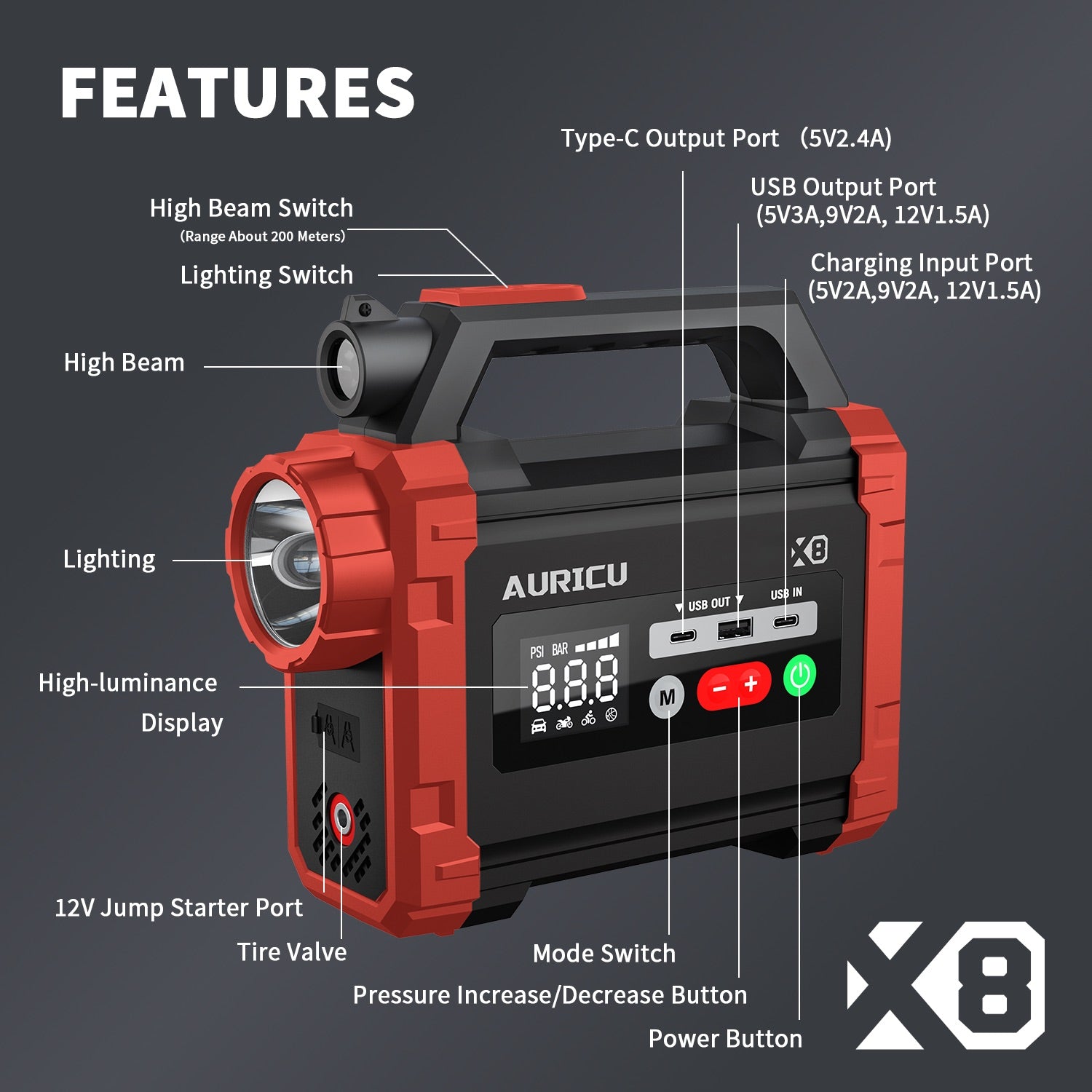 AURICU X8 2400A Jump Starter with 150 PSI Air Compressor Tire Inflator - 8.0L Gasoline and 6.0L Diesel Engines