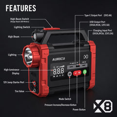 AURICU X8 2400A Jump Starter with 150 PSI Air Compressor Tire Inflator - 8.0L Gasoline and 6.0L Diesel Engines