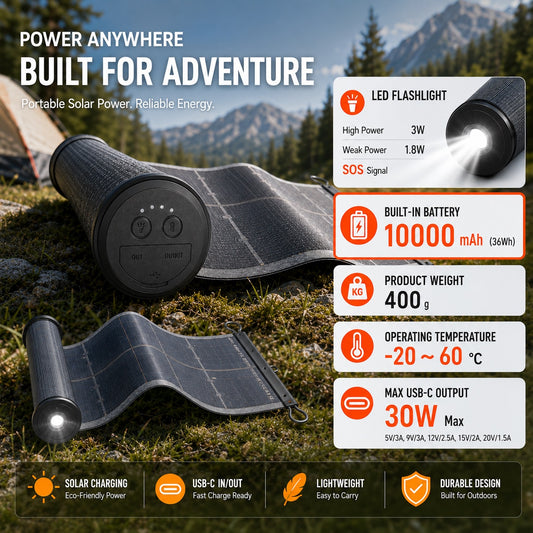 Portable Rollable Solar Panel Power Bank for Hiking, Camping and Extended Off-Grid Adventures