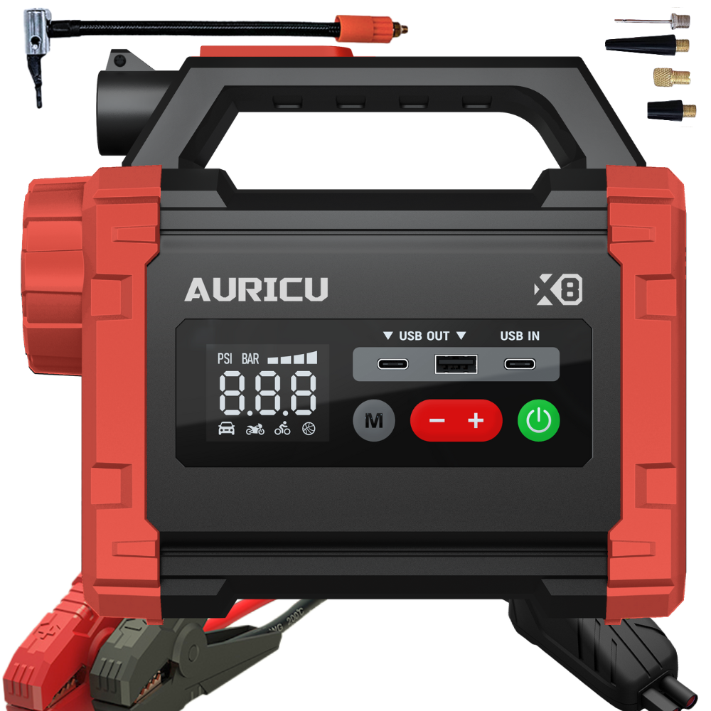 AURICU X8 2400A Jump Starter with 150 PSI Air Compressor Tire Inflator - 8.0L Gasoline and 6.0L Diesel Engines